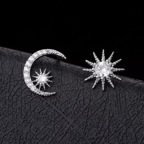 NEW Sterling Silver Diamond Moon Star Earrings - Picture 2 of 5
